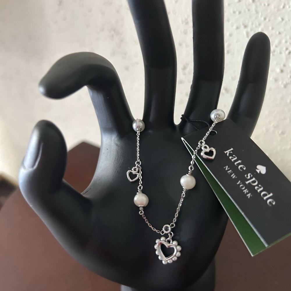 Kate Spade Silver Bracelet with Heart and Pearl Accents